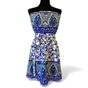 Strapless Blue Floral Women's Dress with tie waist